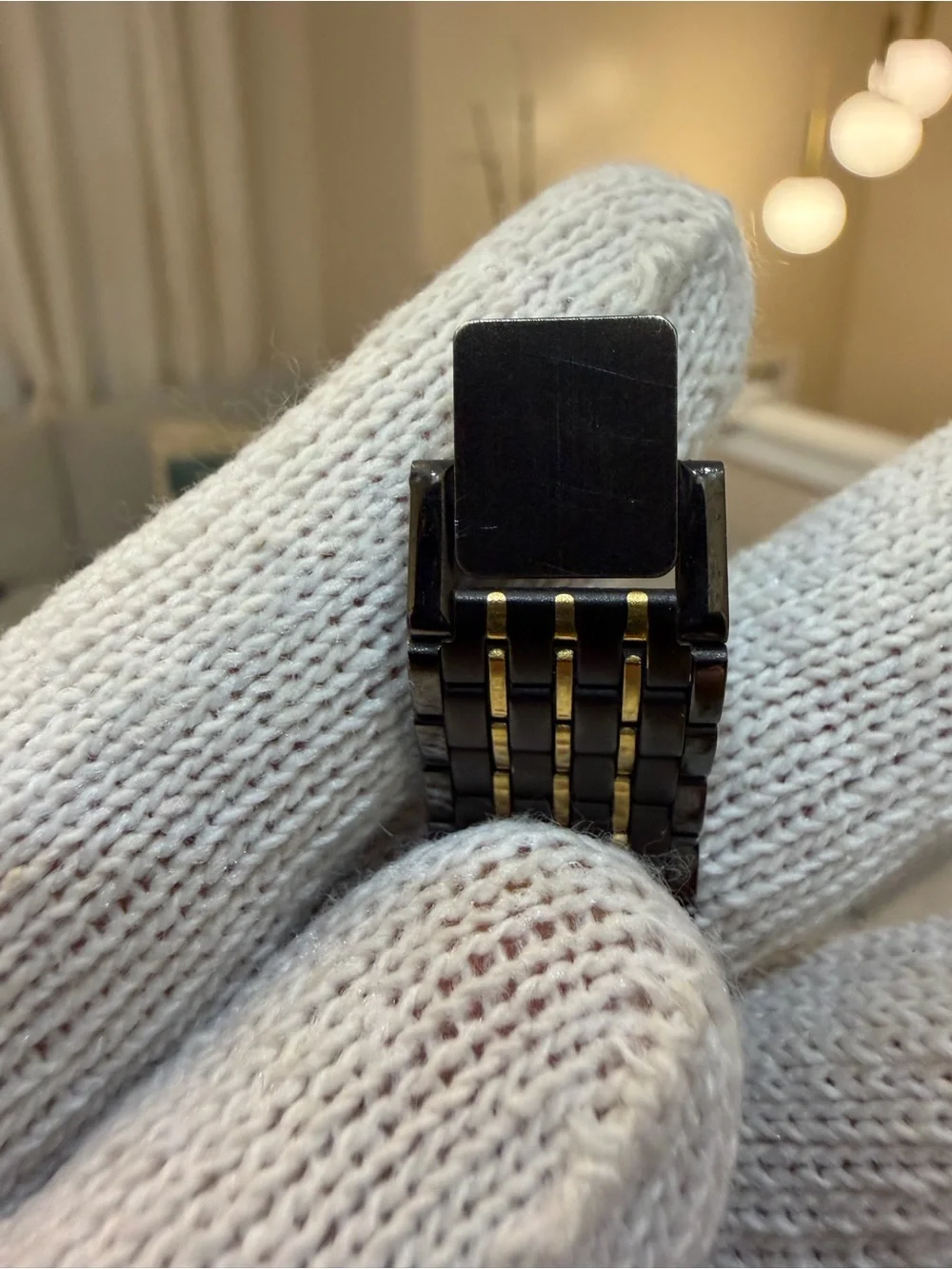 Vintage Bulova Women's Two-Tone Dress Watch Black Geometric Dial Date 60-10 32mm
